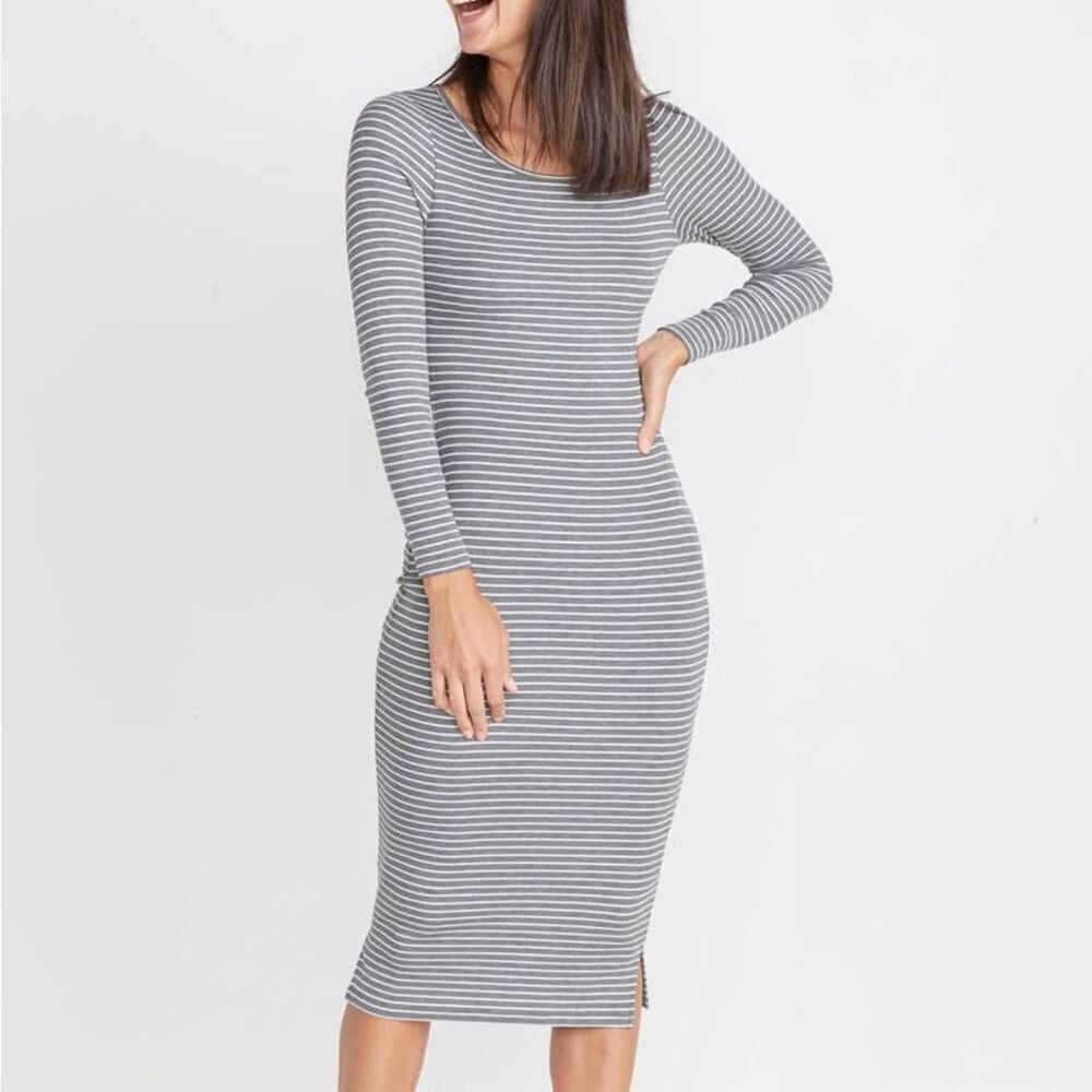 Marine layer Lexi Midi Dress M in Heather Grey & White Stripes